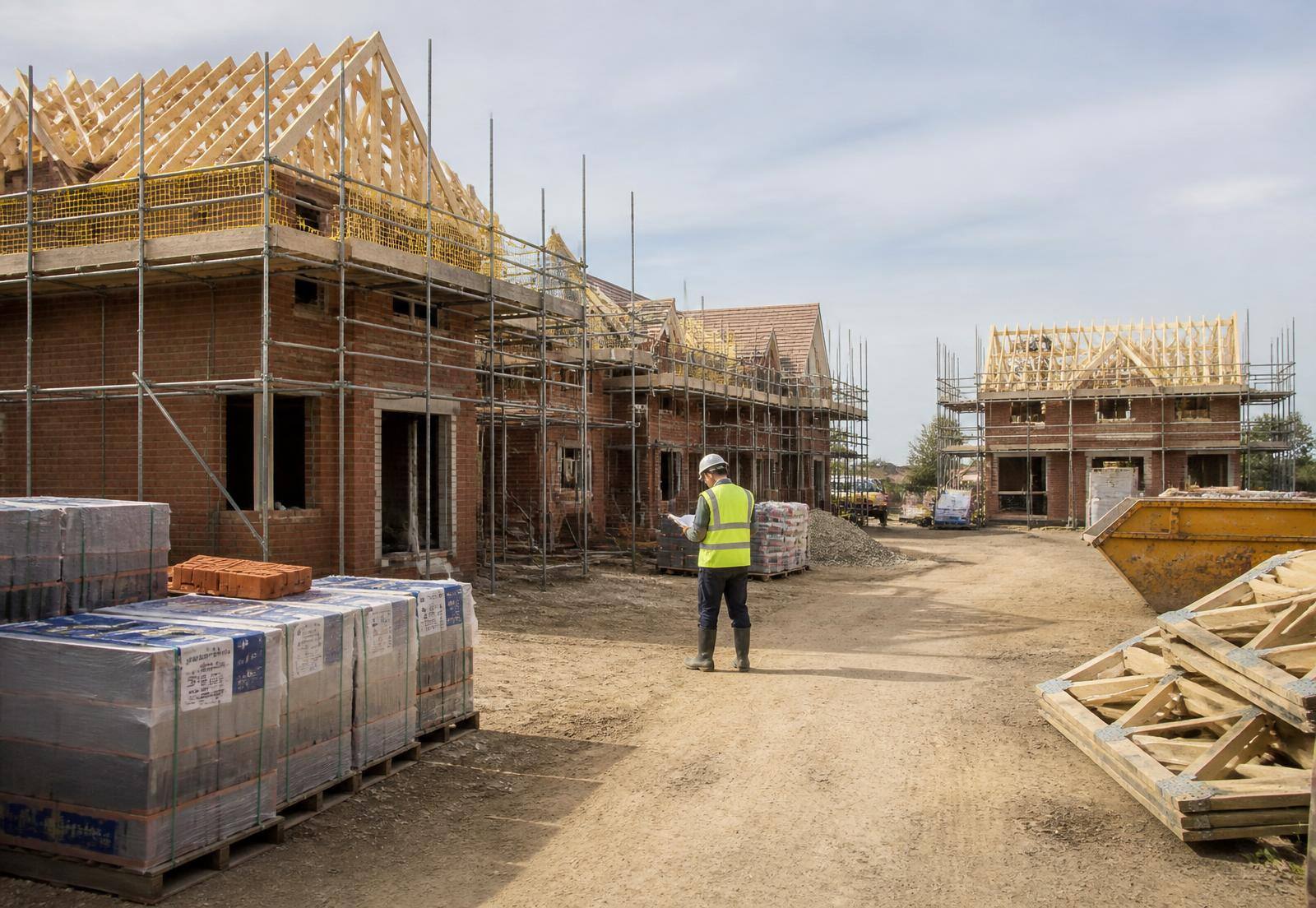 Residential construction site with brickwork and roof trusses in progress